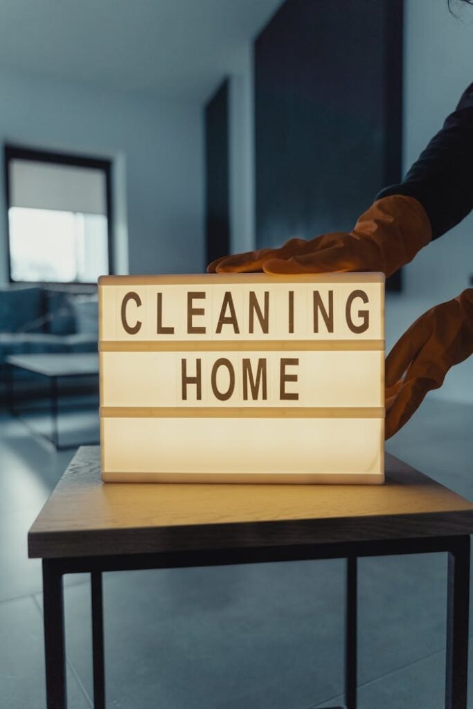 pexels-photo-6195885 Modern interior with 'Cleaning Home' sign and person wearing gloves, emphasizing cleanliness.